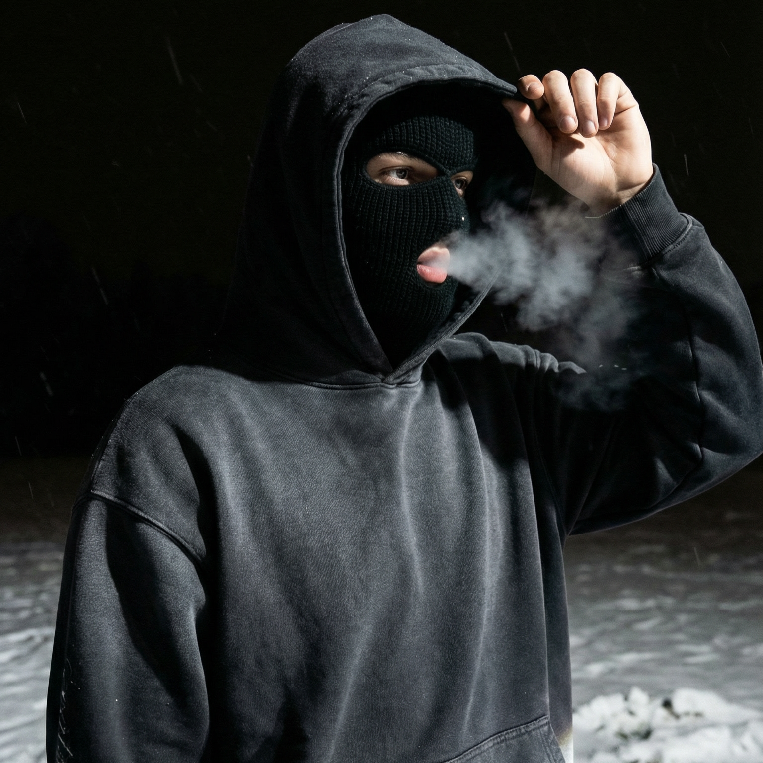 Person wearing a dark hoodie and balaclava exhaling steam in a snowy landscape